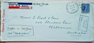 United States 1940 Airmail Cover To Australia With Censor Label & Too Late Mark