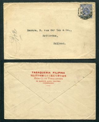 1924 China Hong Kong Gb Kgv 10c Stamp On Tobacco Co.  Cover To Holland Nederland