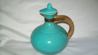 Bauer Pottery Rare Teal Blue Green Ball Pitcher Carafe Mission Art Wooden Handle