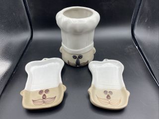 3 Pc Vintage Chef Pottery Ceramic Spoon Rests & Utensil Holder Takahashi