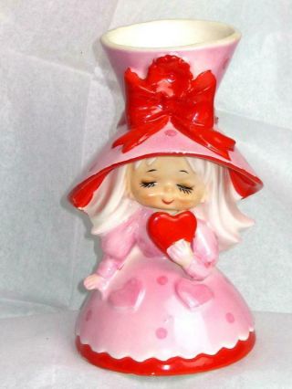 Rare Vintage Lefton Velentine Girl W/bow Hat Red Heart Head Vase