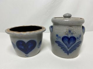 6” Rowe Pottery Work Blue Heart Crock W/ Lid Salt Glazed Stoneware Planter 1987