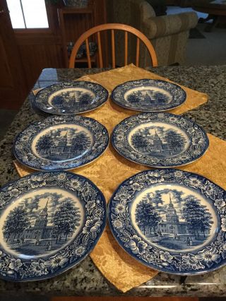 Set Of 6 Vintage Blue Independence Hall Staffordshire Dinner Plates