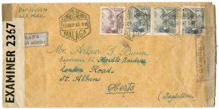 Spain 1943 Air Cover To Gb W/double Censor,  Malaga D.  S. ,  2.  25p Rate