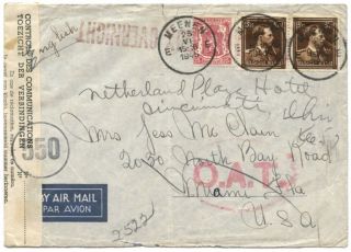 Belgium 1945 Air Cover To Usa W/ " O.  A.  T.  " H/s,  Belgian Censor Tape & H/s