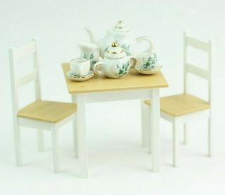 Dollhouse Miniature 1:12 Scale White Table Chairs With Tea Set