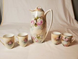 Antique Schönwald Hand Painted Chocolate Pot With 4 Cups