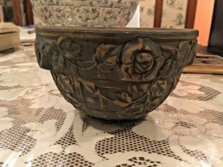 Small Stoneware Green Brushware Hanging Bowl Planter Antique Arts & Crafts