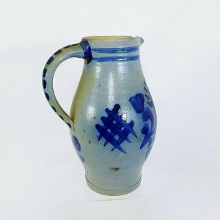 Pitcher German Salt Glaze Stoneware Floral Hatch Pattern Cobalt Blue 11 " Vintage
