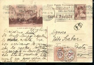 Romania 1932 Postcard To Italy Postage Due Stamps.  20c.  5c.