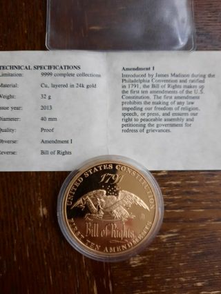 American Constitution Bill Of Rights Coin Layered In 24k Gold Proof W/