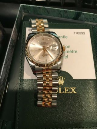 Rolex 18k Gold/stainless Steel Datejust 116233 Silver Index 36mm Box And Papers