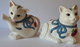 Lenox Poppies On Blue Barnyard Cat / Kitten / Kitty Sugar Bowl & Creamer Set