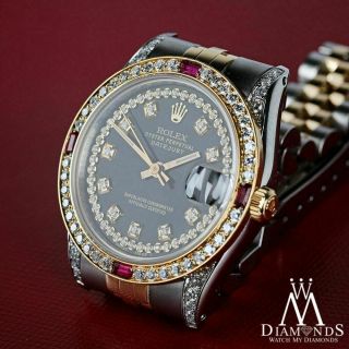 Rolex Ss & Gold 36mm Datejust Watch Glossy Black String Dial Ruby Diamond Bezel