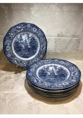 Liberty Blue,  Dinner Plates,  Set Of 4,  Staffordshire Ironstone,  Independence Hall