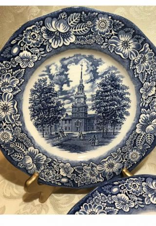 Liberty Blue,  Dinner Plates,  Set of 4,  Staffordshire Ironstone,  Independence Hall 2