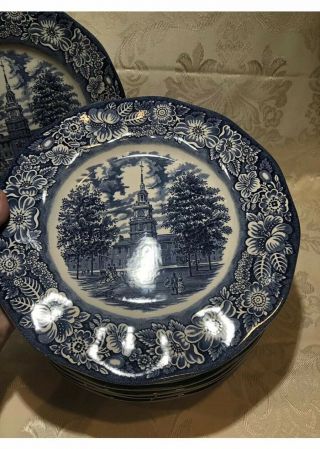 Liberty Blue,  Dinner Plates,  Set of 4,  Staffordshire Ironstone,  Independence Hall 3