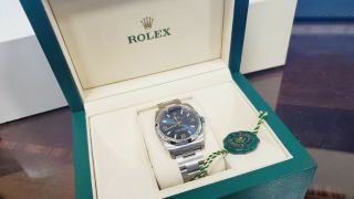 ROLEX 114200 OYSTER PERPETUAL STAINLESS STEEL WATCH BLUE - BOX 3