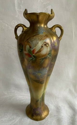 Antique Royal Kinran Nippon Porcelain Hand Painted Bird 11 " Tall Gold Vase