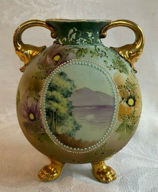 Antique Nippon Moriage Hand Painted Scenic Mountain Pillow Vase Gold Claw Feet