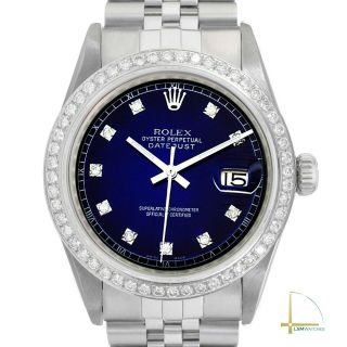 Mens Rolex Datejust 16014 36mm Steel Watch Blue Vignette Diamond Dial Bezel