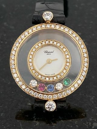 Chopard 18k Yellow Gold Happy Floating Diamond Sapphire Ruby & Emerald Watch