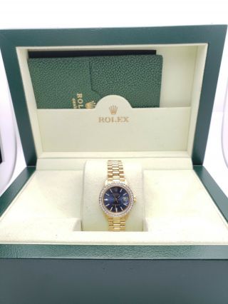 Rolex 6917 18k Yellow Gold President Diamond Bezel Blue Dial 26mm Watch 1977