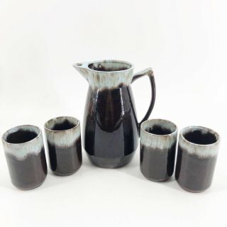 Vintage Mid Century Modern Pottery Blue Brown Drip Glaze Pitcher & 4 Cups Set