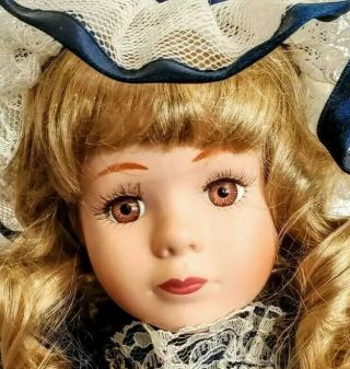 " Vintage " Victorian Porcelain Doll With Stand 18 " Velvet & Lace Dress & Hat