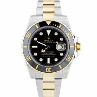 Rolex Submariner Ceramic Two - Tone Gold Black Diamond Serti Watch 116613 Ln