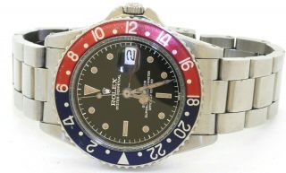 Rolex 1960 Gmt 1675 Pepsi Bezel Stainless Steel Automatic Watch With Patina Dial