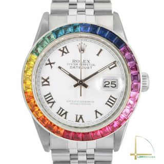 Rolex Datejust 36mm Steel Rainbow Bezel String White Roman Numeral Jubilee Watch