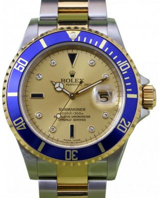 Rolex Submariner 18k Yellow Gold/steel Serti Diamond Dial Mens Watch F 16613