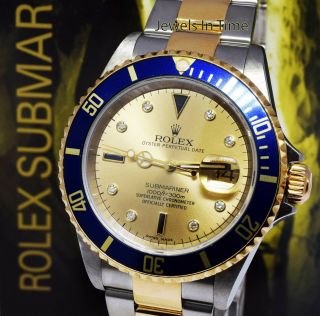 Rolex Submariner 18k Yellow Gold/Steel Serti Diamond Dial Mens Watch F 16613 2