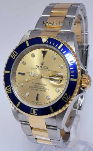 Rolex Submariner 18k Yellow Gold/Steel Serti Diamond Dial Mens Watch F 16613 3