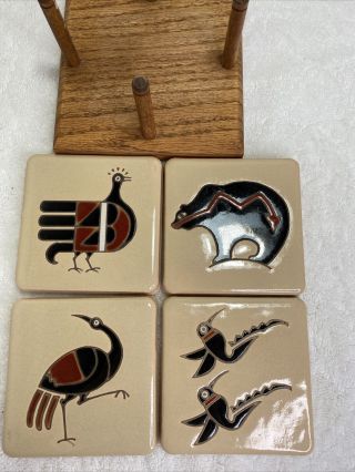 Vtg Arius Santa Fe Art Tile Southwest Set Of 4 Coasters With Wooden Holder 1988