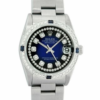 Rolex Mid - Size Datejust Watch Steel - 18k White Gold Blue Diamond Dial Sapphire