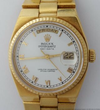 18k Gold Rolex Oysterquartz Day Date 19018 8 Mil Serial Box Booklets Roman Dial 2