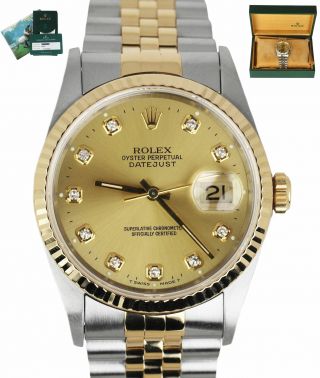 2020 Rolex Service Datejust 36mm Champagne Diamond 16233 Two - Tone 18k Gold Watch