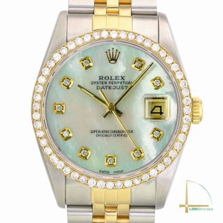 Rolex Datejust Mens 36mm Gold&ss White Mop Diamond Dial And Bezel Watch