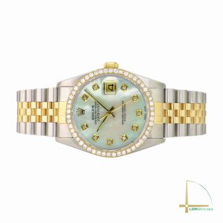 Rolex Datejust Mens 36mm Gold&SS White MOP Diamond Dial and Bezel Watch 6