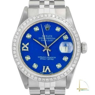 Rolex Datejust Mens Watch Stainless Steel Blue Diamond Roman Dial & Bezel 36mm
