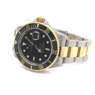 Rolex Submariner Men 18k Yellow Gold & Steel Watch Black Sub No Holes SEL 16613T 2