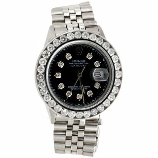 Mens 16014 Rolex Datejust 36mm Channel Set Diamond Watch Black Custom Dial 6 Ct.