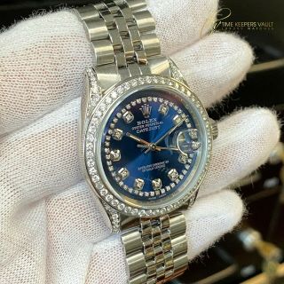 Rolex Men ' s Watch Datejust Stainless Steel Blue Dial Lugs Diamond Bezel 36mm 2