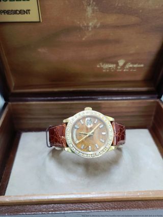 18038 Rolex President Wood Dial Diamond 18k Gold Mens Quickset Watch Box Papers