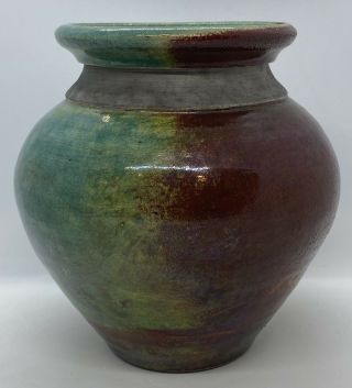 Raku Studio Pottery Red Green Pot Vase Signed Tim