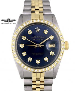 Rolex Datejust 16013 Steel & 18k Gold 36mm Blue Dial Diamond Bezel Box & Papers