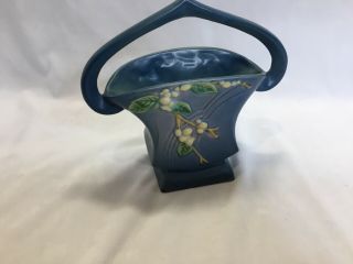 1940s Roseville Art Pottery Snowberry Blue Basket Vase Handle 1bk - 7