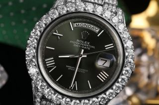 Rolex Day - Date 40 18k White Gold Green Roman Dial Custom Set Diamond Watch